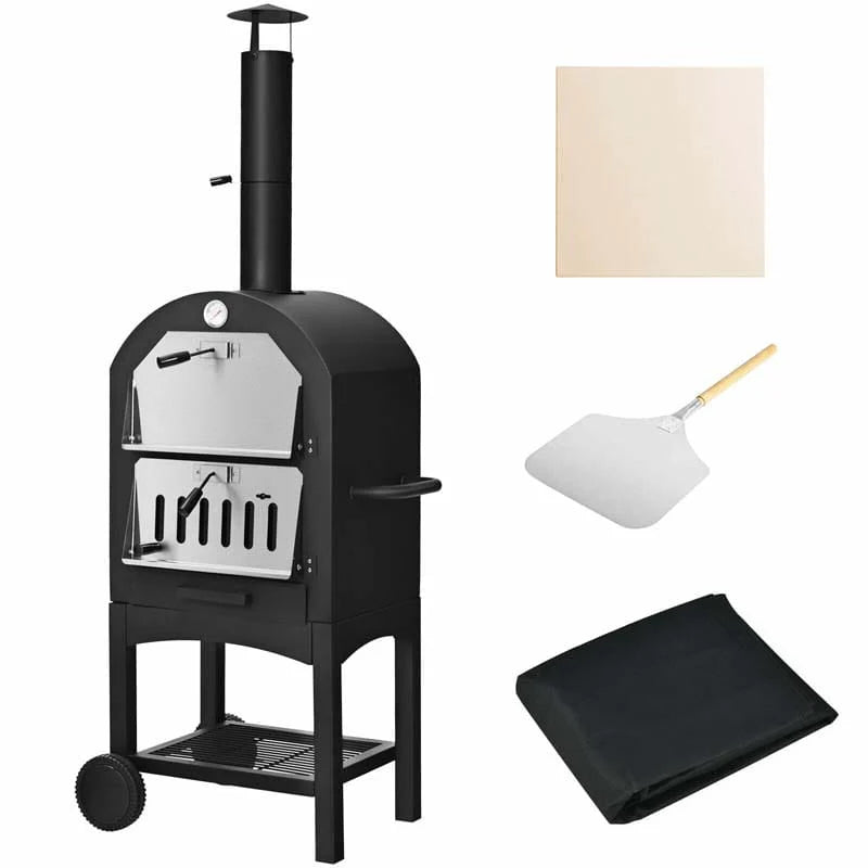 2-Tier Outdoor Wood-Fired Pizza Oven on Wheels – Iron Grill with Pizza Stone, Peel, Thermometer & Waterproof Cover