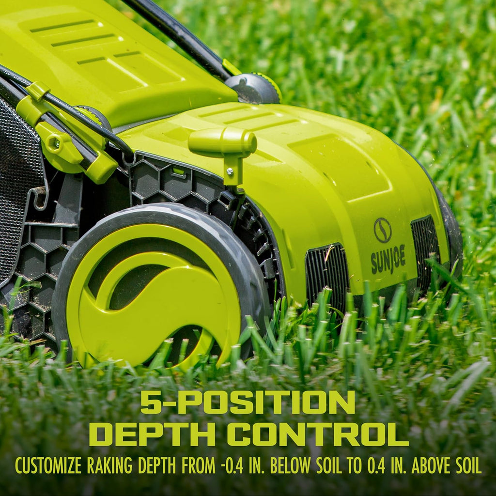 AJ805E 15-Inch Electric Dethatcher and Scarifier - 13-Amp Corded Lawn Rake with 13.2-Gal Collection Bag, 5-Position Depth