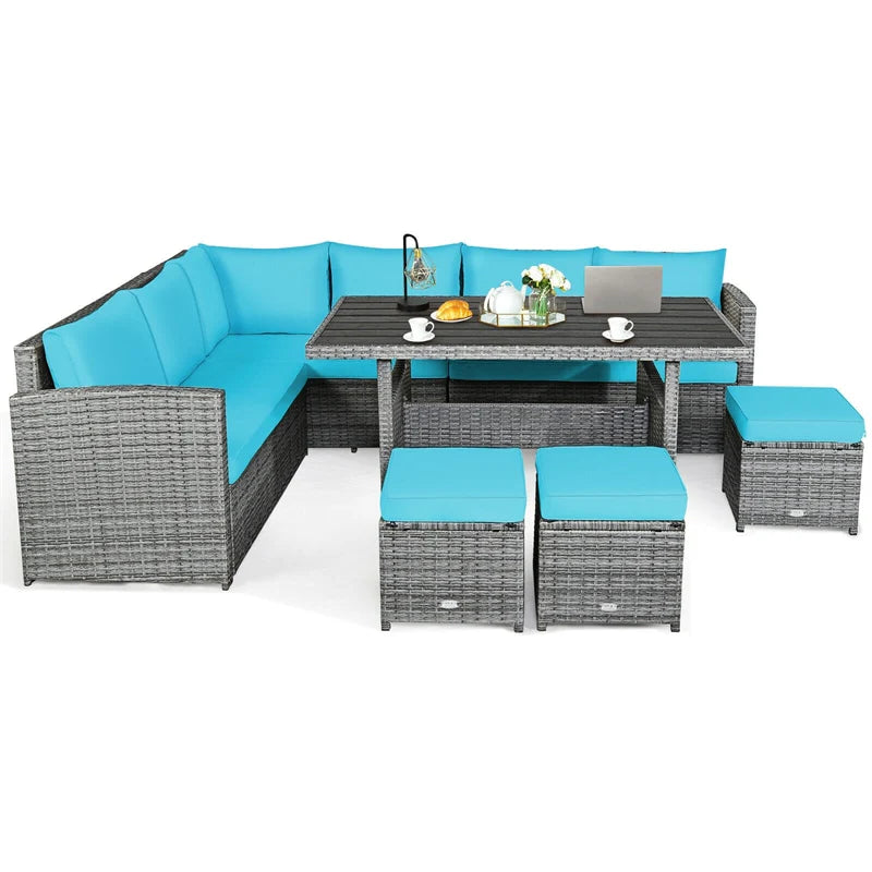 7-Piece PE Rattan Patio Sectional Sofa Set with Dining Table, Ottomans & Cushions, Mix Grey