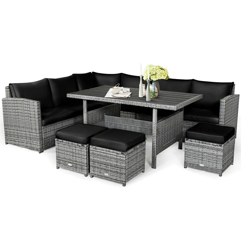 7-Piece Rattan Patio Dining Set – Sectional Sofa with Table, Ottomans & Cushions, Mix Grey