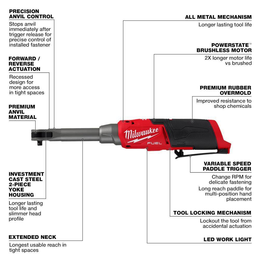 Milwaukee M12 FUEL 12V Cordless Ratchet Twin Pack - 1/4" & 3/8" Extended Reach High-Speed Ratchets, Tool Only