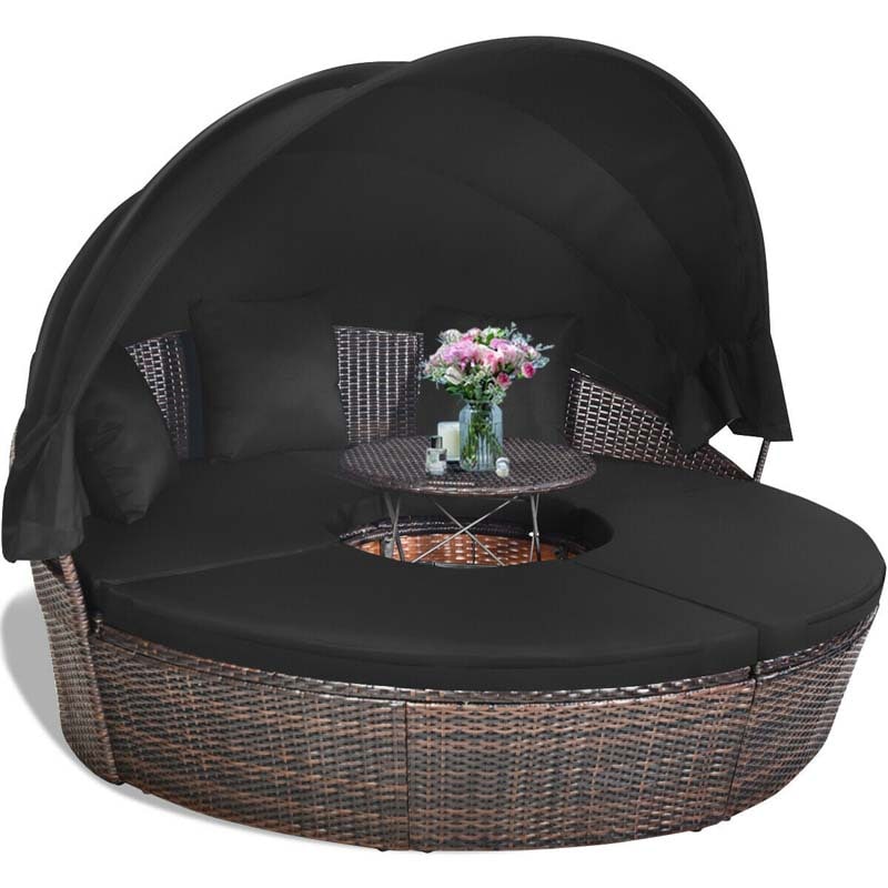 Rattan Wicker Round Patio Daybed with Retractable Canopy & Adjustable Coffee Table – Outdoor Sofa Set