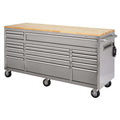 Stainless steel 72-inch 18-drawer rolling mobile workbench with solid wood top