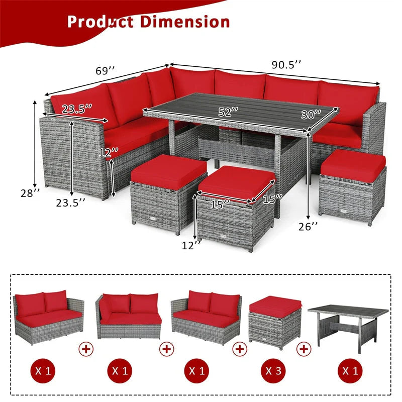7-Piece Rattan Patio Dining Set – Sectional Sofa with Table, Ottomans & Cushions, Mix Grey