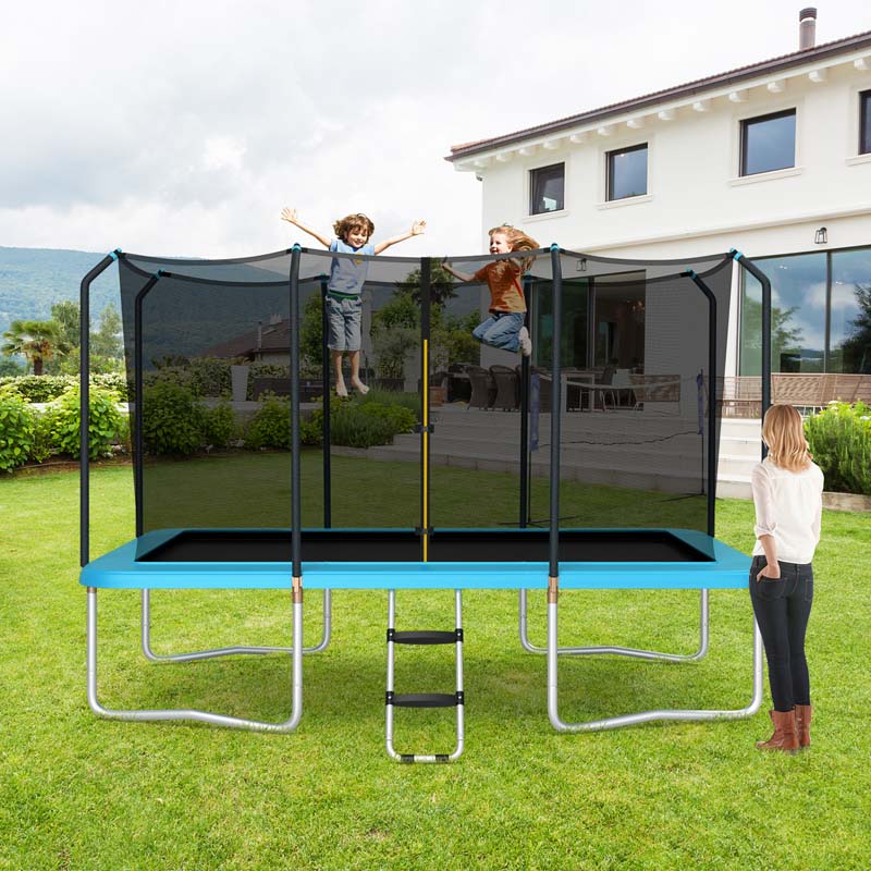 Blue 8x14 ft rectangular trampoline with safety enclosure net and ladder