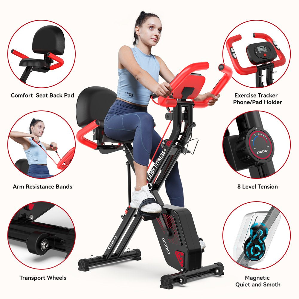 Pooboo 3-in-1 Foldable Magnetic Exercise Bike – Upright & Recumbent X-Bike, 8-Level Resistance, Pulse Sensor