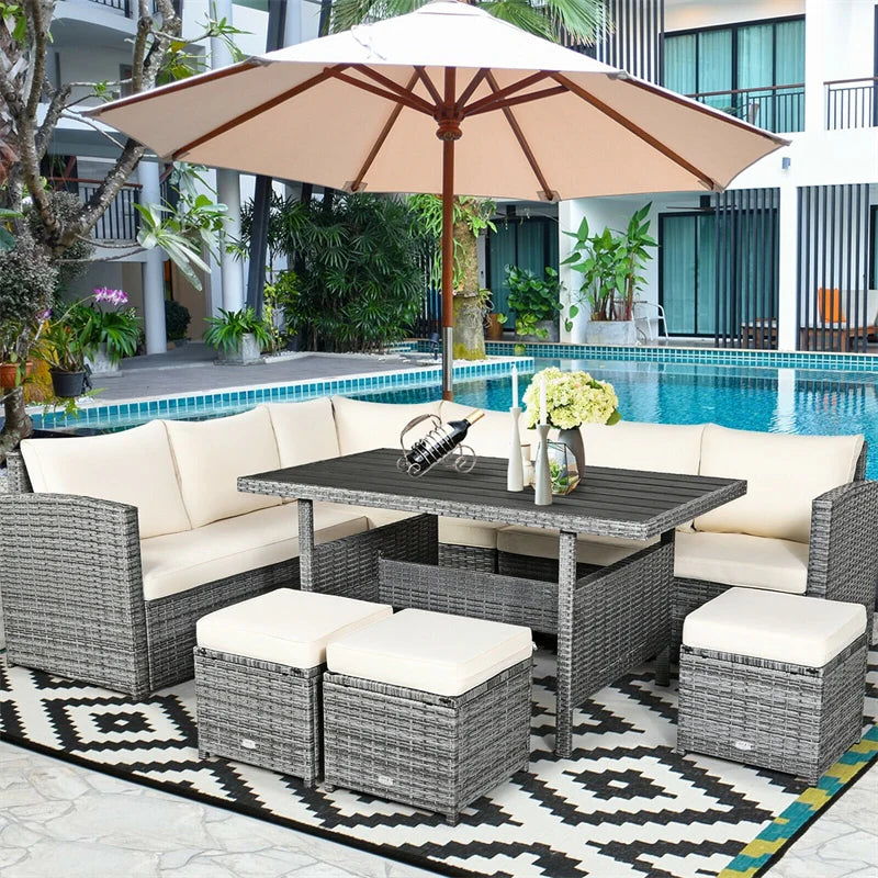 Mix grey 7-piece PE rattan outdoor patio sectional sofa set with cushions