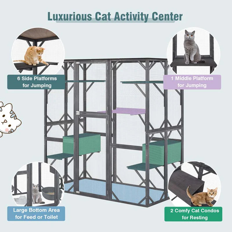 71 Inch Tall Walk-In Wooden Catio - Outdoor Cat Enclosure with 7 Platforms, 2 Condos & Asphalt Roof, Grey