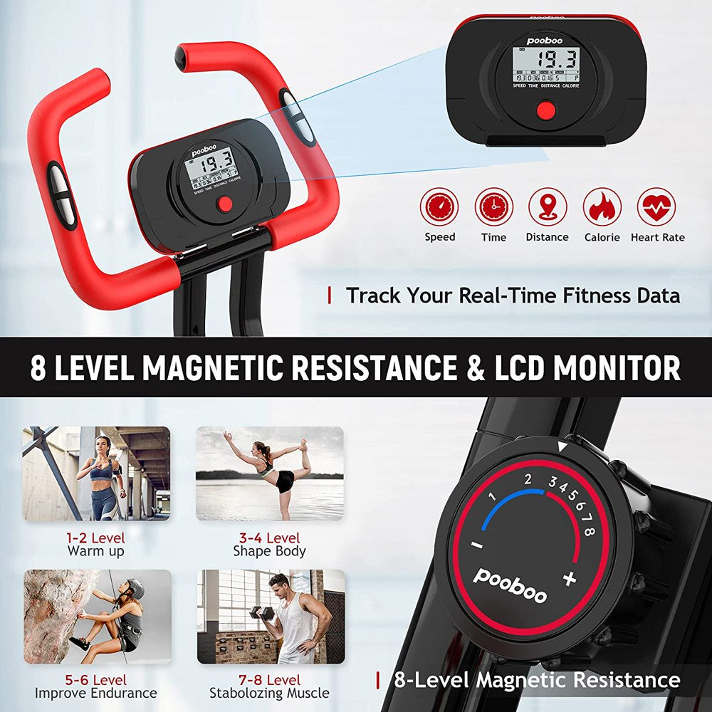 Pooboo 3-in-1 Foldable Magnetic Exercise Bike – Upright & Recumbent X-Bike, 8-Level Resistance, Pulse Sensor