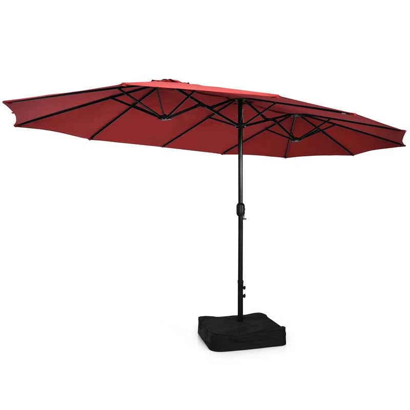 10-Piece Patio Rattan Dining Set with 15 ft Double-Sided Umbrella – Acacia Wood Table & Stackable Cushioned Wicker Chairs