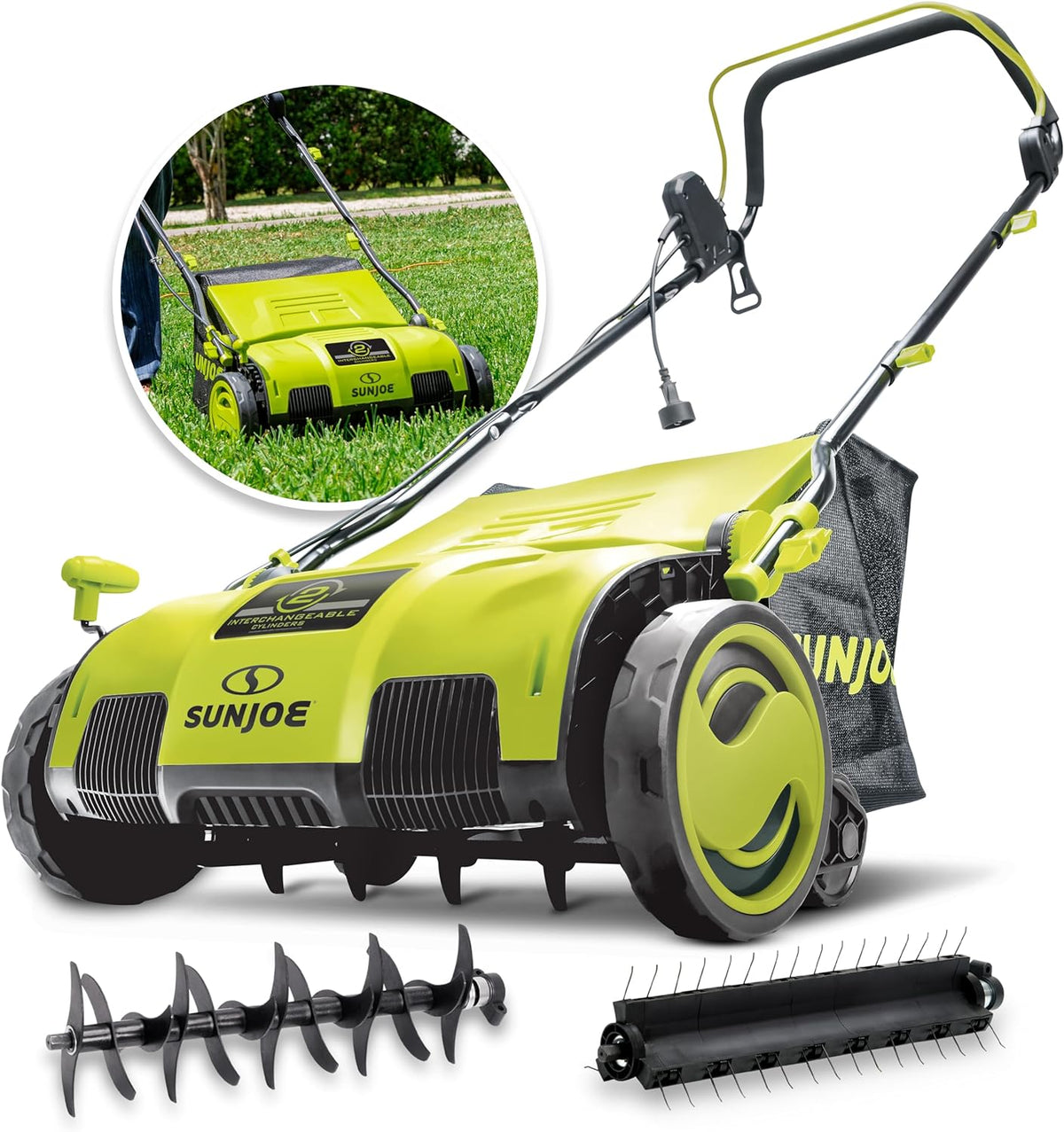 Green AJ805E 15-inch electric dethatcher and scarifier with collection bag