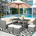 Seven-piece mix-grey rattan patio sectional dining set with cushions