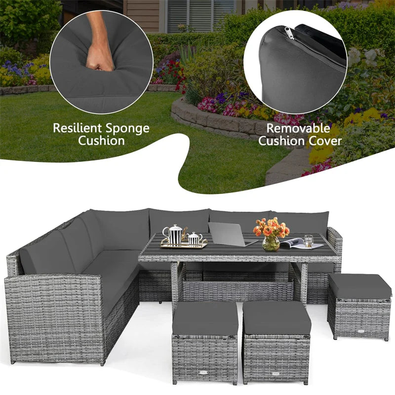 7-Piece PE Rattan Patio Sectional Sofa Set with Dining Table, Ottomans & Cushions, Mix Grey