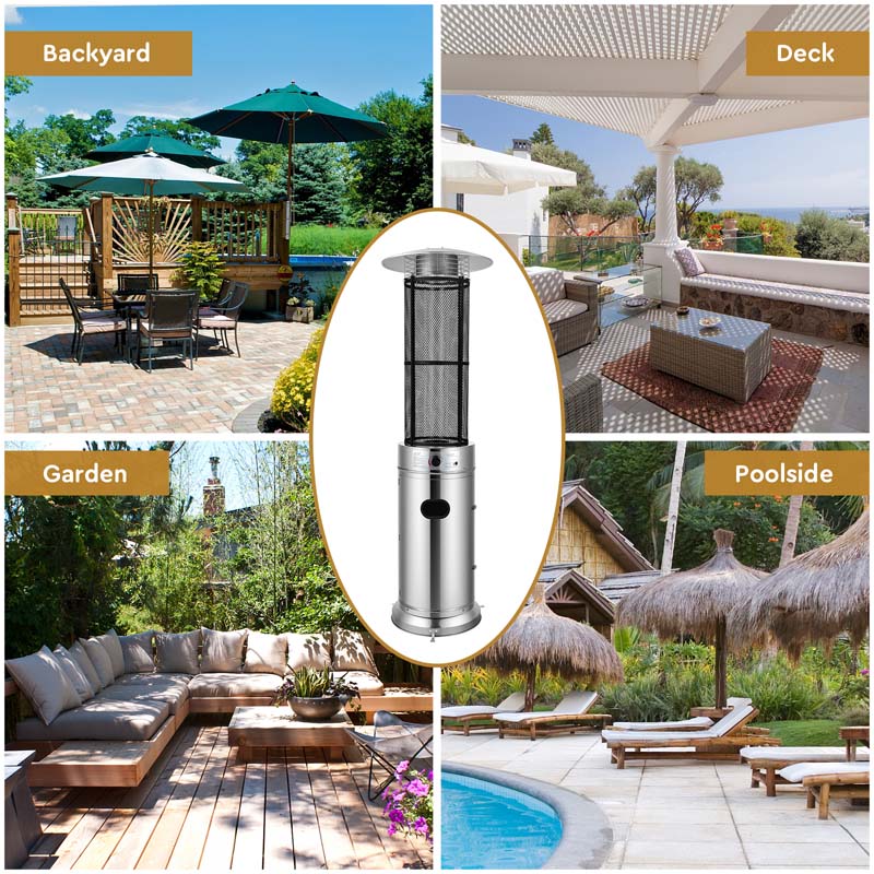 41000 BTU Stainless Steel Patio Heater - Standing Propane Garden Heater with Glass Flame Tube, Wheels & Tilt Shut-Off