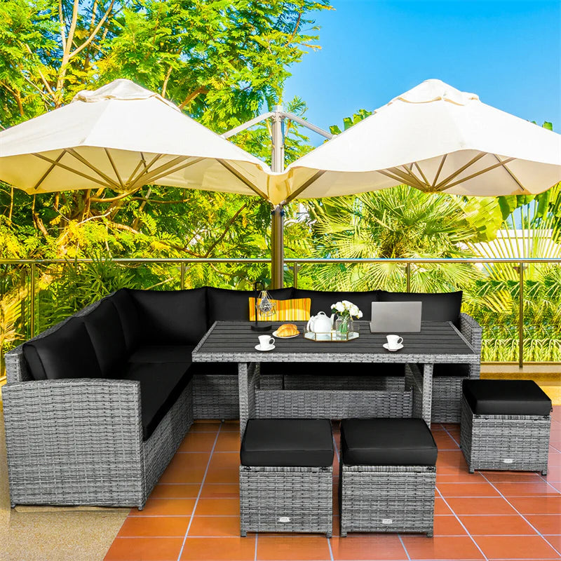 7-Piece PE Rattan Patio Sectional Sofa Set with Dining Table, Ottomans & Cushions, Mix Grey