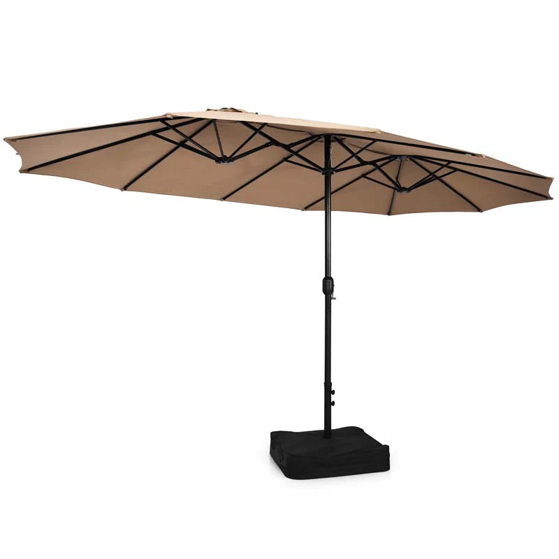 10-Piece Patio Rattan Dining Set with 15 ft Double-Sided Umbrella – Acacia Wood Table & Stackable Cushioned Wicker Chairs