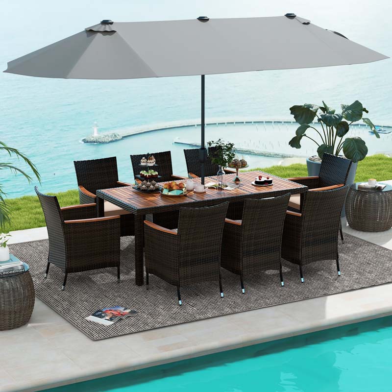 10-Piece Patio Rattan Dining Set with 15 ft Double-Sided Umbrella – Acacia Wood Table & Stackable Cushioned Wicker Chairs