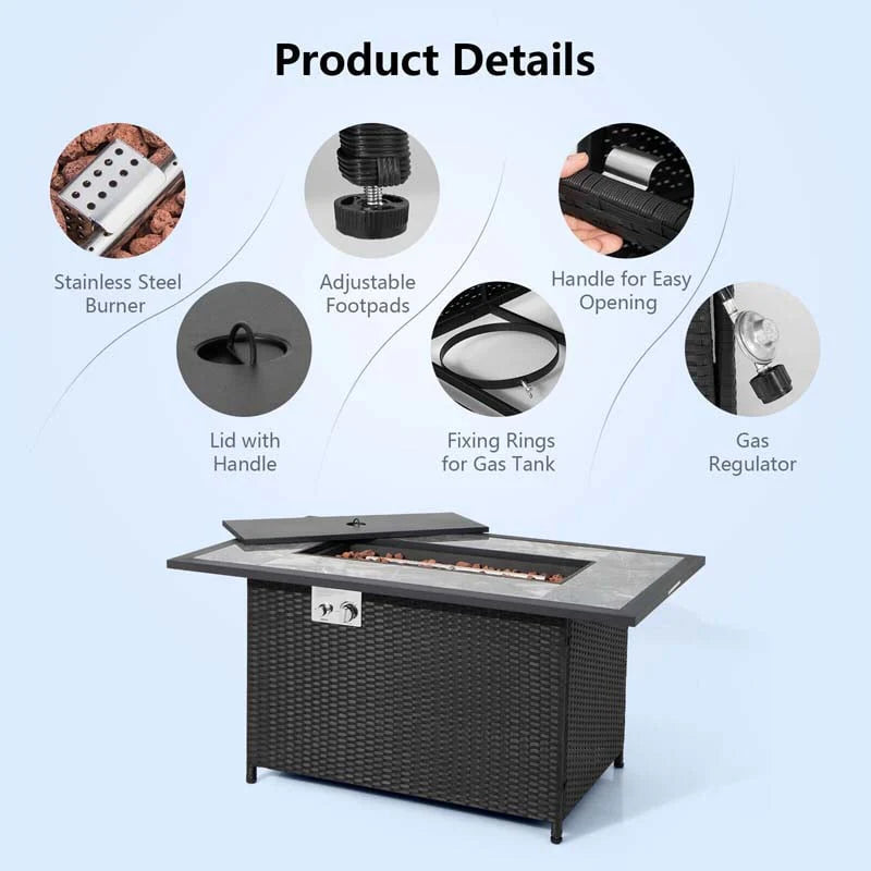 52" Rattan Propane Gas Fire Pit Table – 50,000 BTU, Marble Top, Lava Rocks & Cover