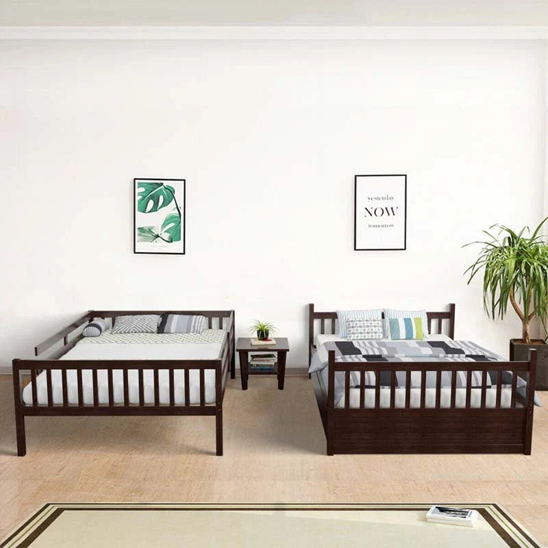Solid Wood Full-over-Full Bunk Bed Frame with Trundle, Ladder & Guardrails, Convertible for Kids & Teens
