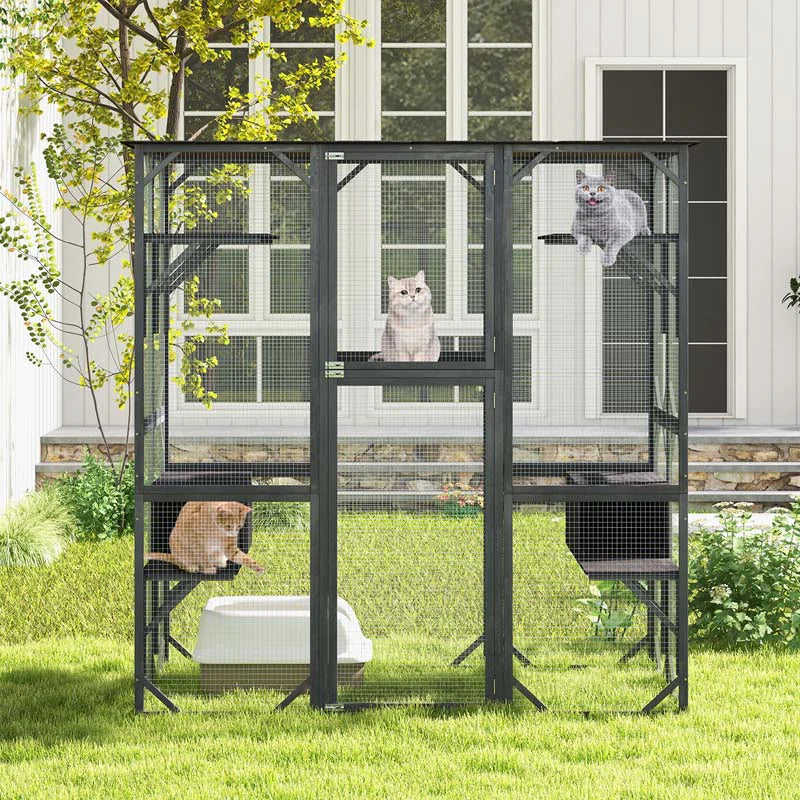 71 Inch Tall Walk-In Wooden Catio - Outdoor Cat Enclosure with 7 Platforms, 2 Condos & Asphalt Roof, Grey