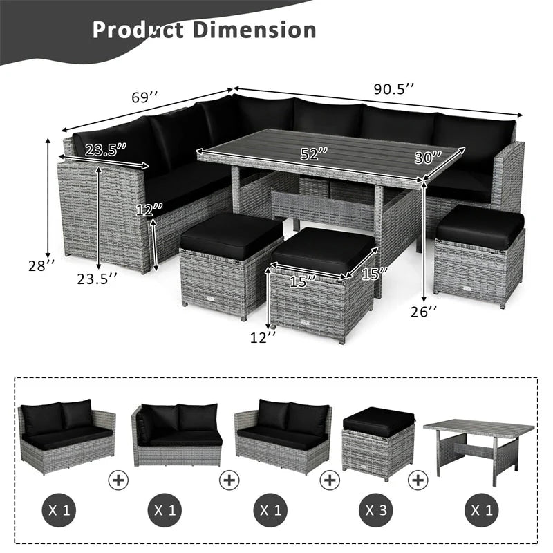 7-Piece Rattan Patio Dining Set – Sectional Sofa with Table, Ottomans & Cushions, Mix Grey