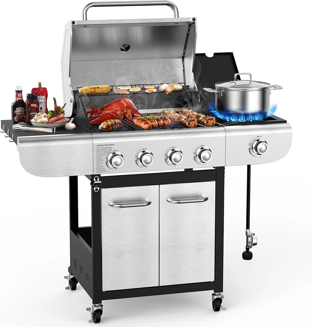 Silver COWSAR 4-burner propane gas barbecue grill with side burner
