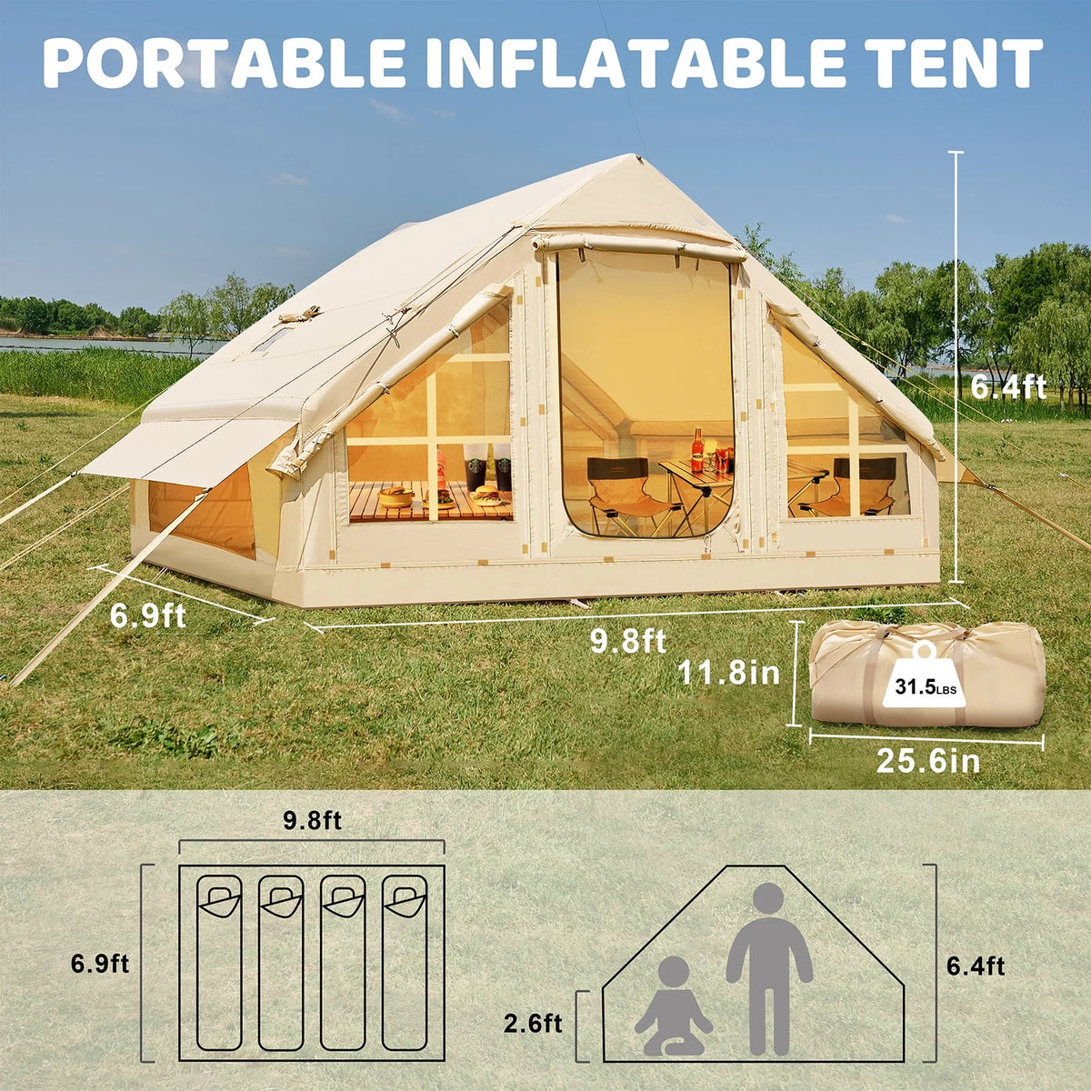 6-Person Inflatable Glamping Tent with Pump, 10 ft x 7 ft Oxford Cabin, 4-Season Waterproof