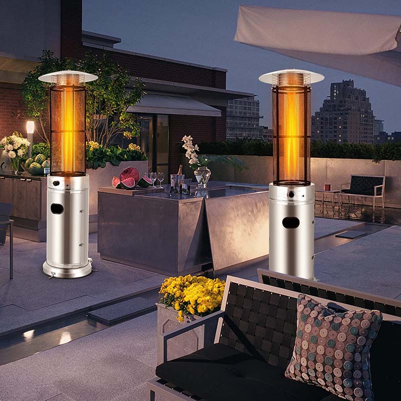41,000 BTU Stainless Steel Patio Heater – Standing Glass Tube Flame Heater with Wheels, Push-Button Ignition