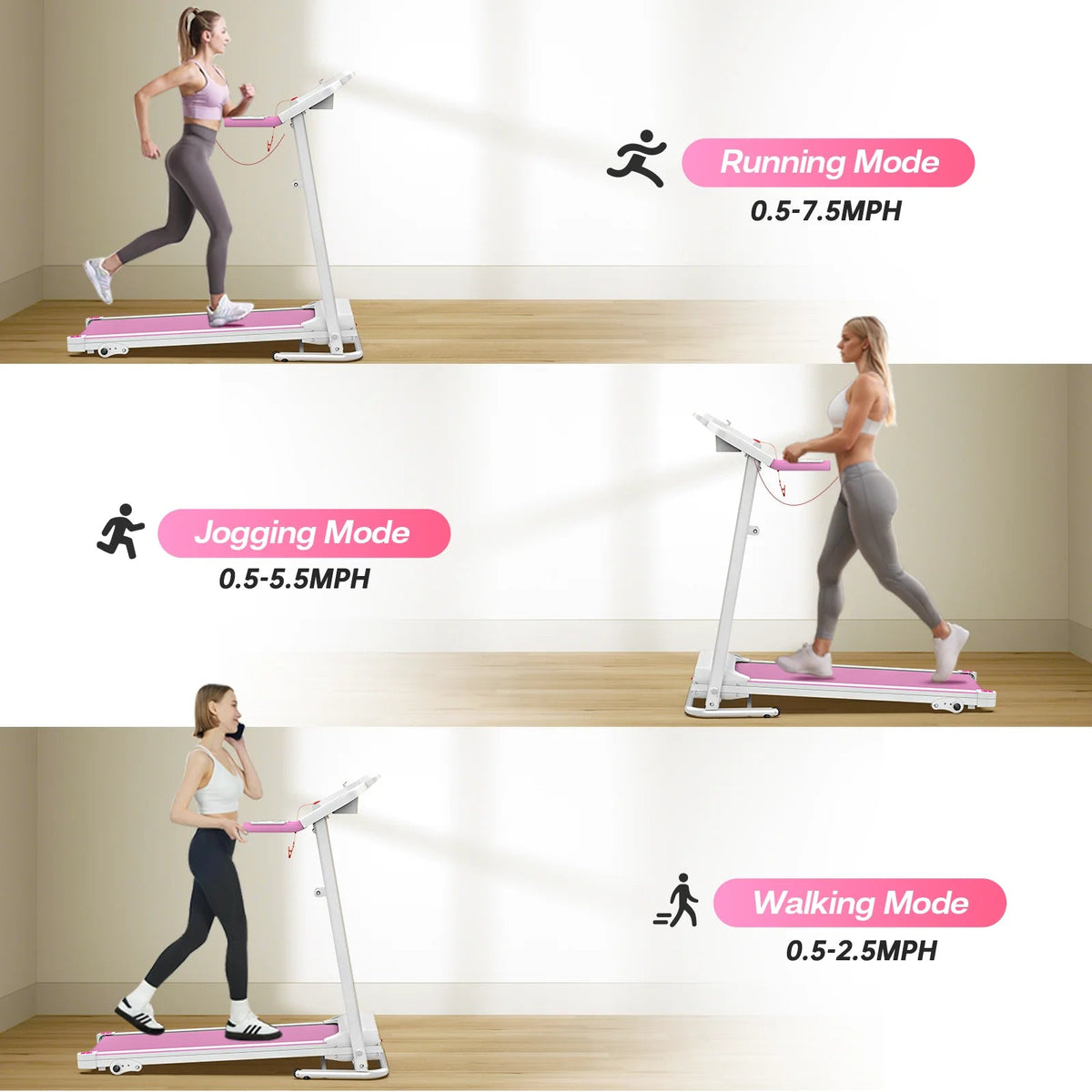 FYC Foldable Electric Treadmill – 2.5 HP Brushless Motor, 7.5 MPH, LED Display & Heart-Rate Sensor (Pink)