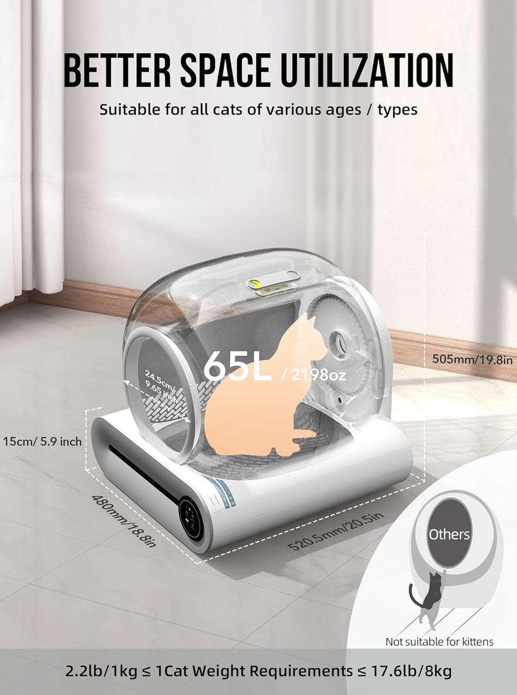 EXPEDMAN Self-Cleaning Cat Litter Box – 65L + 9L, App Control, Mat & Liners, Grey