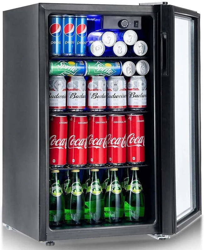120-Can Beverage Cooler Fridge with Glass Door & Blue LED Light, 3.2 cu ft, Built-in or Freestanding