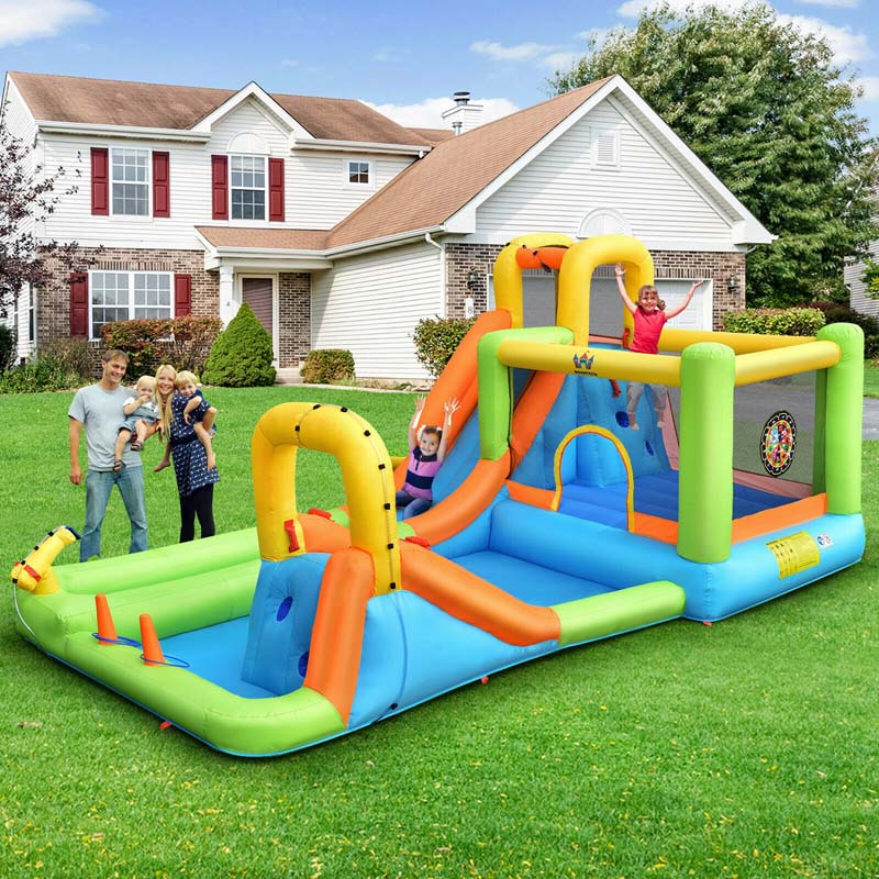 8-in-1 Inflatable Water Slide Park - Bounce House with Dual Slides, Climbing Wall & Splash Pool (Blower Not Included)