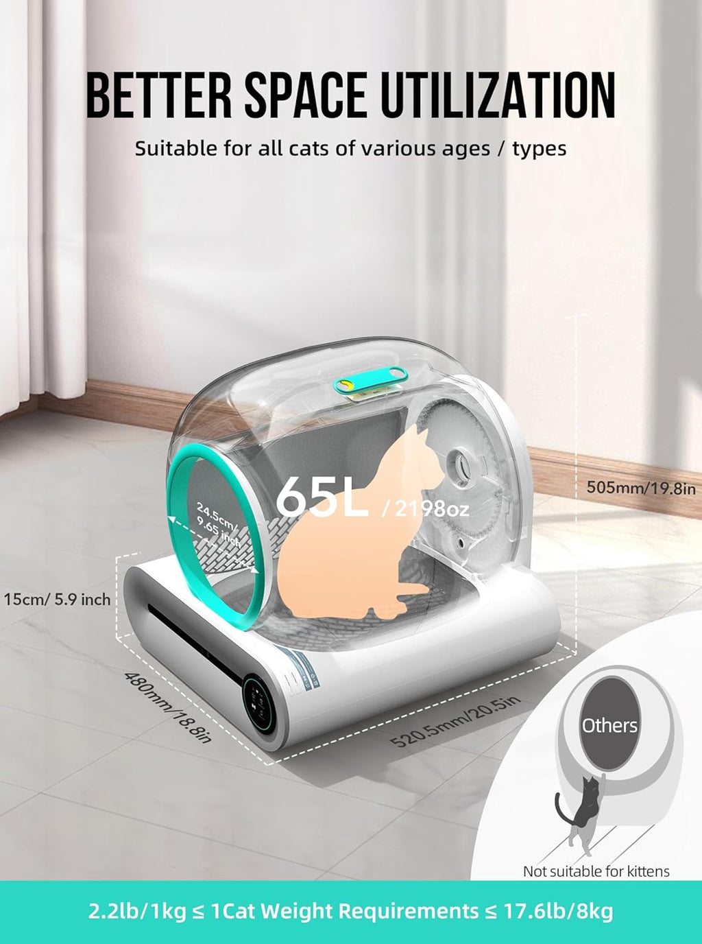 EXPEDMAN Self-Cleaning Cat Litter Box – 65L + 9L, App Control, Mat & Liners, Grey