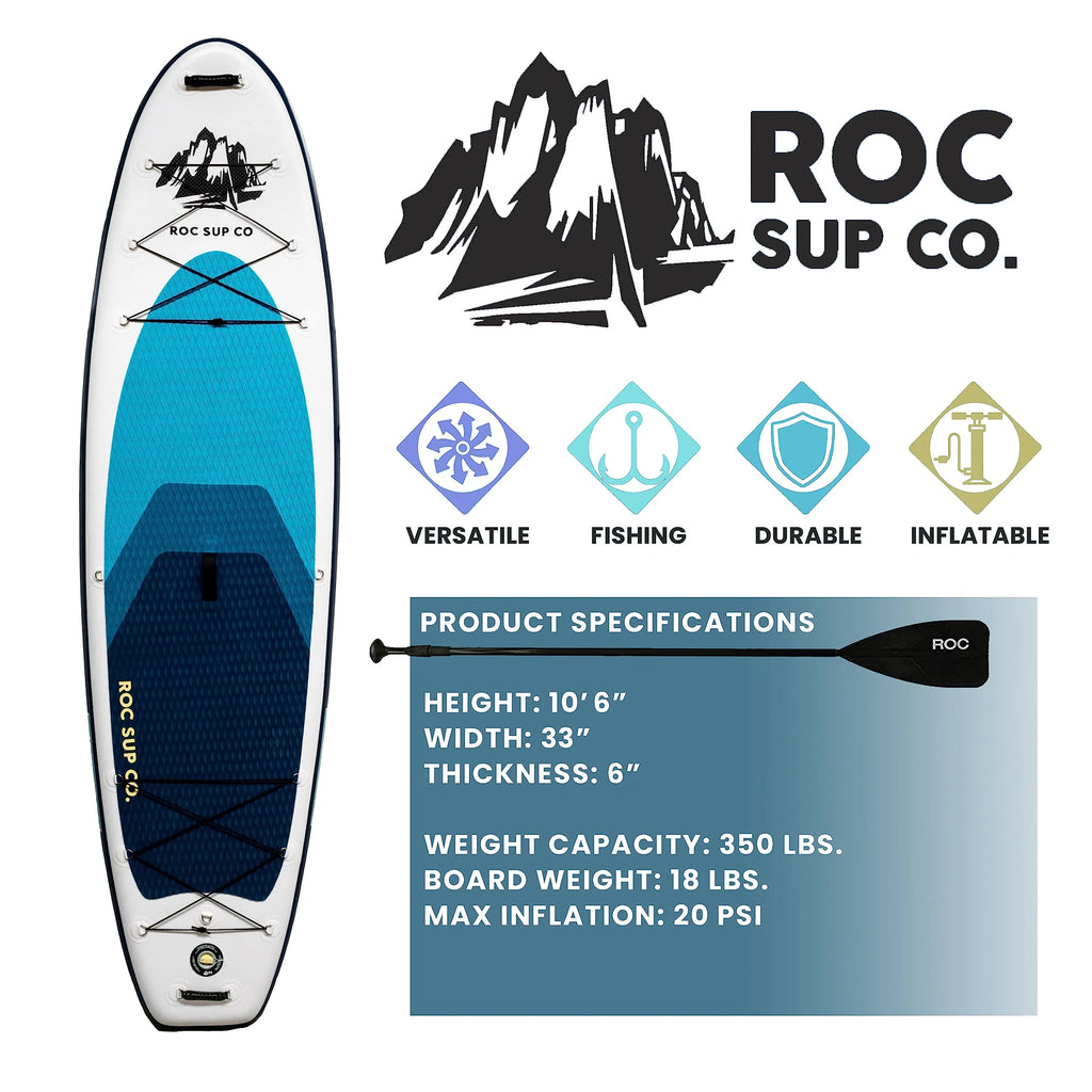 ROC Inflatable Stand Up Paddle Board 10'6" – Premium SUP Package, 350 lb Capacity