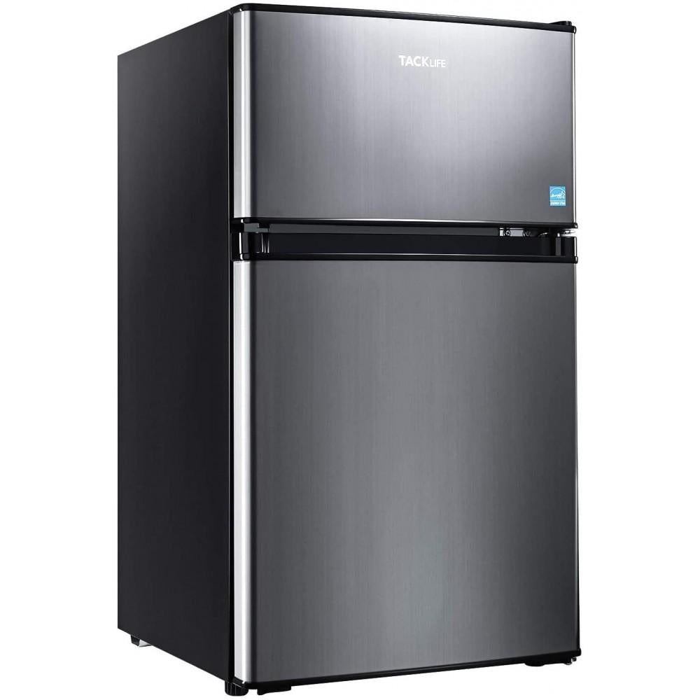 Silver two-door compact mini fridge with built-in freezer and LED light