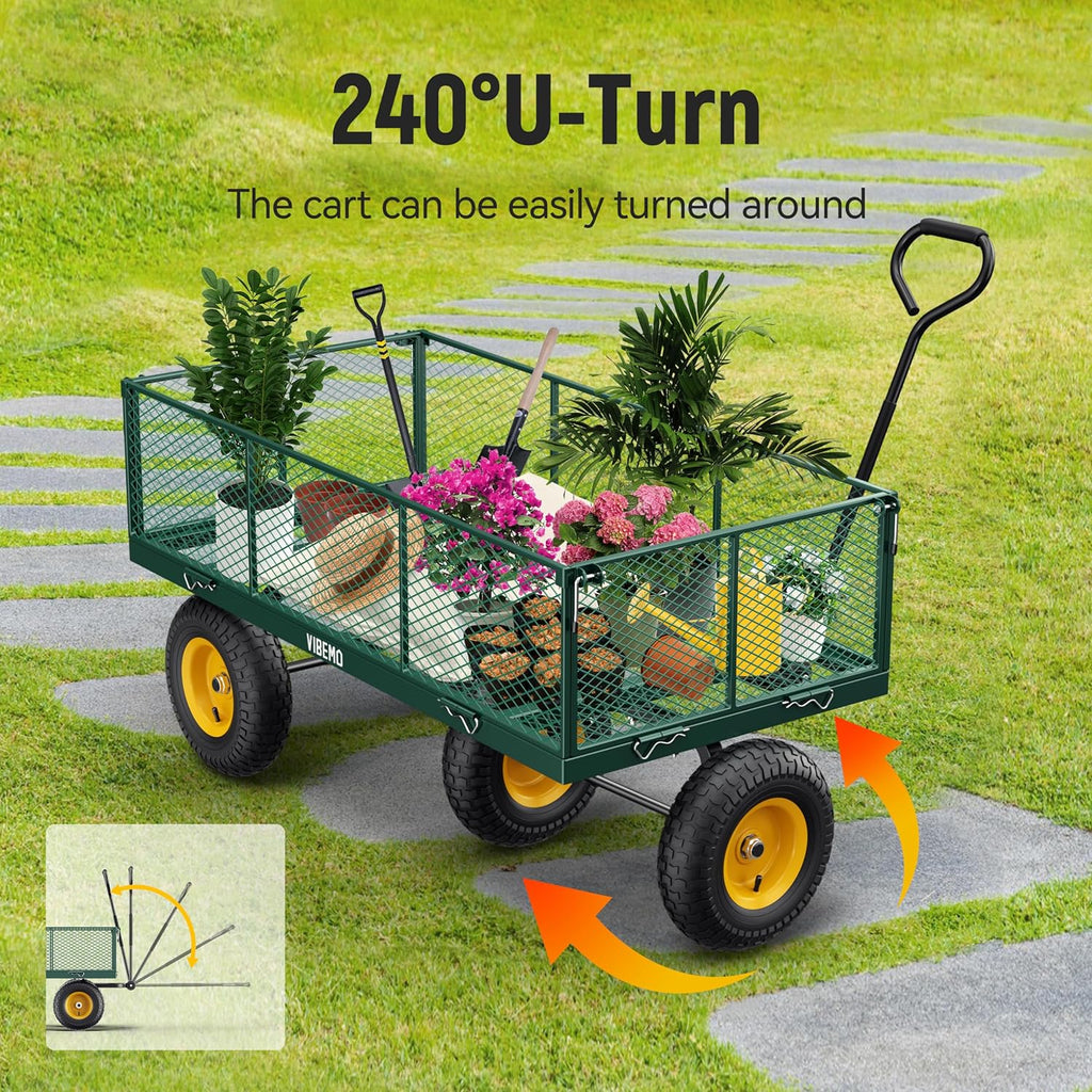 Vibemo 2-in-1 Steel Garden Cart – 1400 lb Heavy-Duty Wagon, Mesh Sides to Flatbed, 13" Pneumatic Tyres
