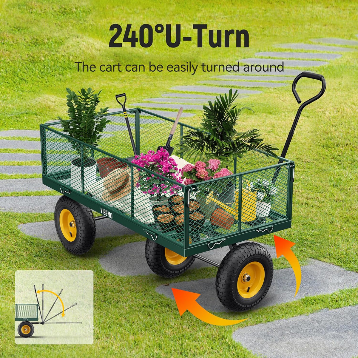 Vibemo 2-in-1 Steel Garden Cart – 1400 lb Heavy-Duty Wagon, Mesh Sides to Flatbed, 13" Pneumatic Tyres