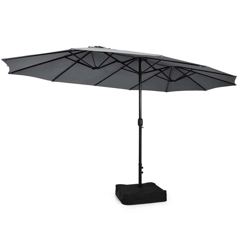 10-Piece Patio Rattan Dining Set with 15 ft Double-Sided Umbrella – Acacia Wood Table & Stackable Cushioned Wicker Chairs