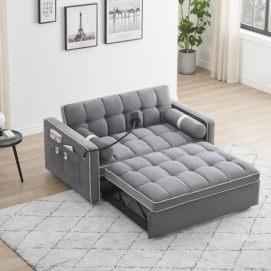 Grey tufted velvet 3-in-1 convertible loveseat sleeper sofa bed