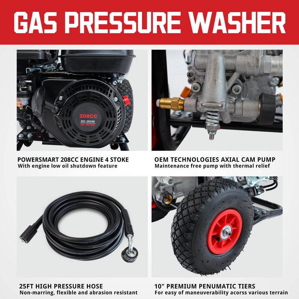 PowerSmart 3200 PSI Gas Pressure Washer – 208cc 4-Stroke OHV, 2.5 GPM, 5 Nozzles & 25 ft Hose