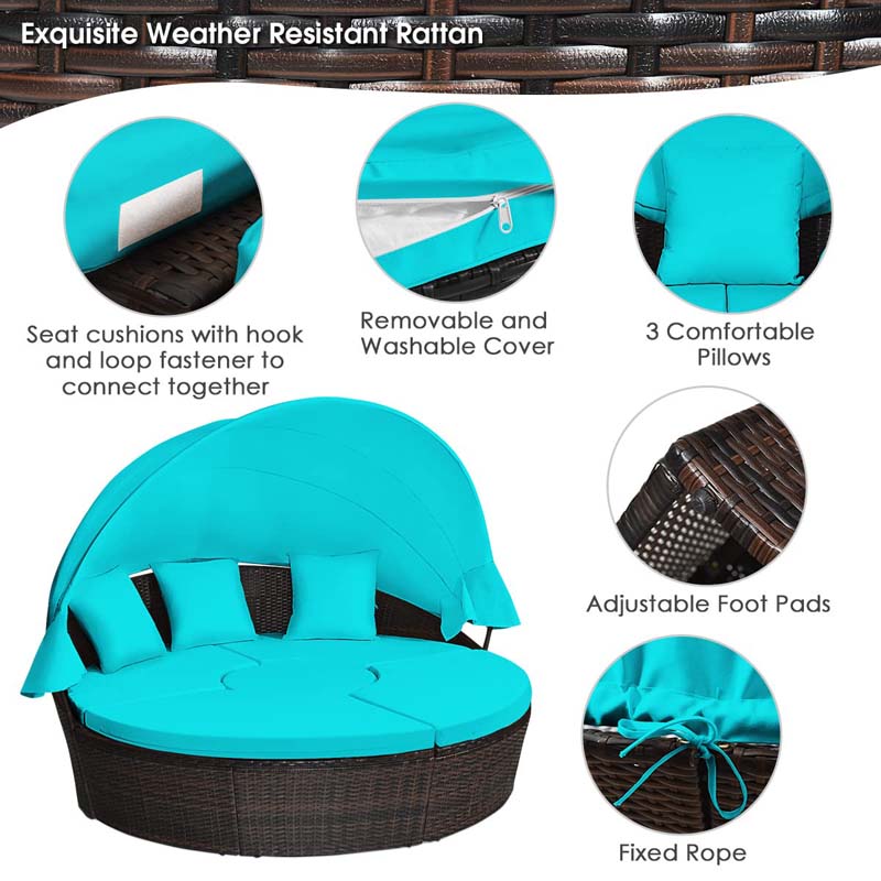 Rattan Wicker Round Patio Daybed with Retractable Canopy & Adjustable Coffee Table – Outdoor Sofa Set