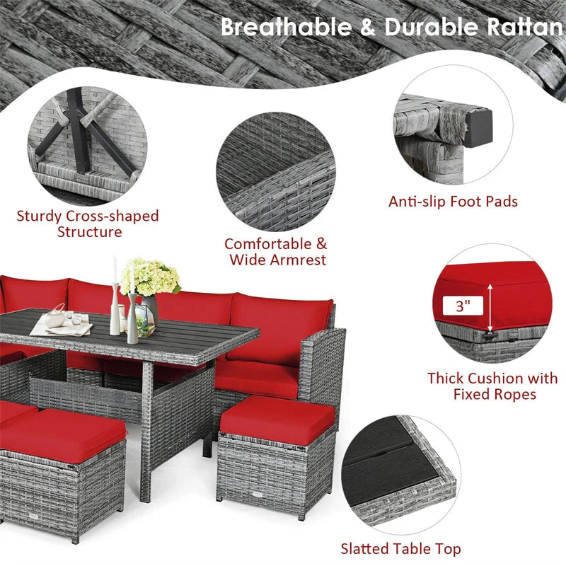 7-Piece Rattan Patio Dining Set – Sectional Sofa with Table, Ottomans & Cushions, Mix Grey