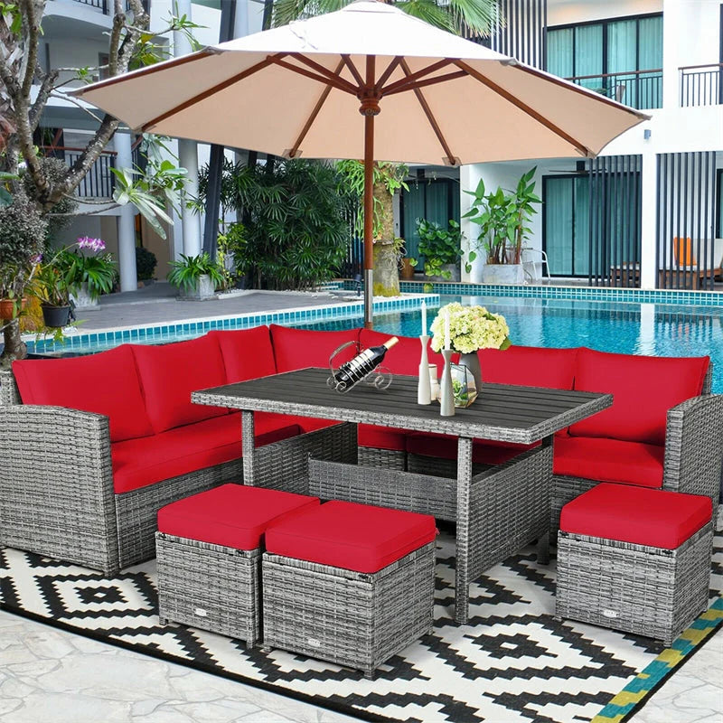 7-Piece Rattan Patio Dining Set – Sectional Sofa with Table, Ottomans & Cushions, Mix Grey