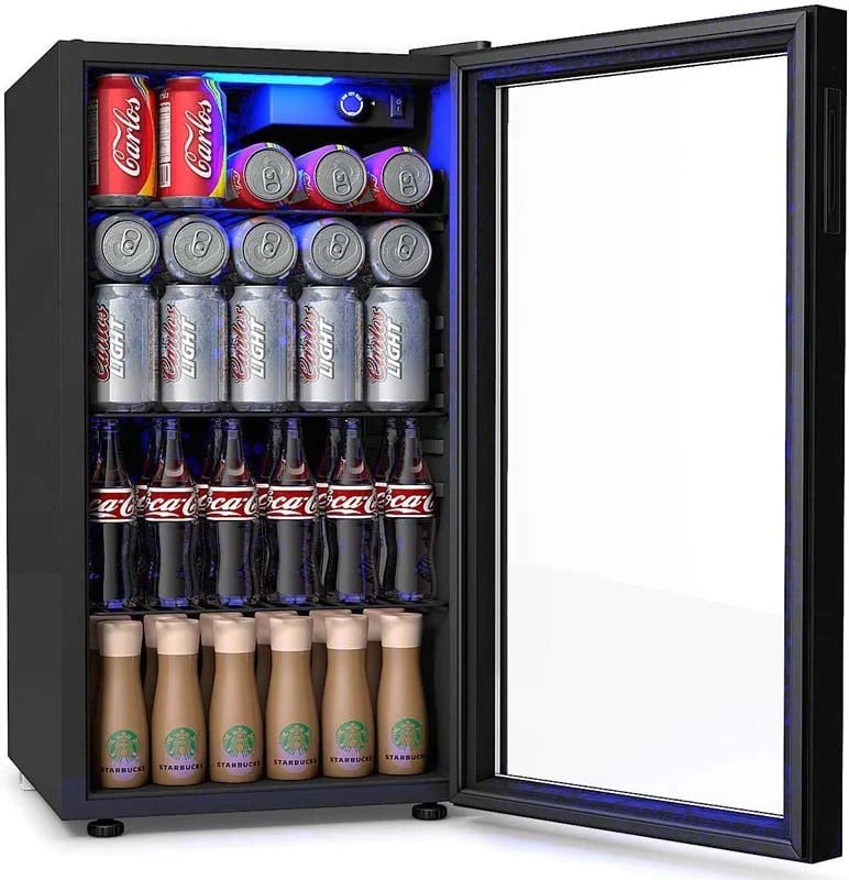 120-Can Beverage Cooler Fridge with Glass Door & Blue LED Light, 3.2 cu ft, Built-in or Freestanding