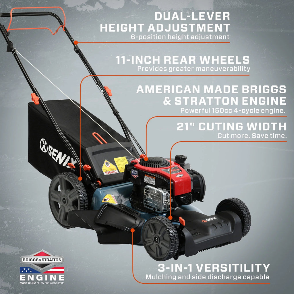 SENIX LSSG-M1 Self-Propelled Petrol Lawn Mower – 21 in Cut, 150cc Briggs & Stratton 4-Cycle Engine, 3-in-1, Blue