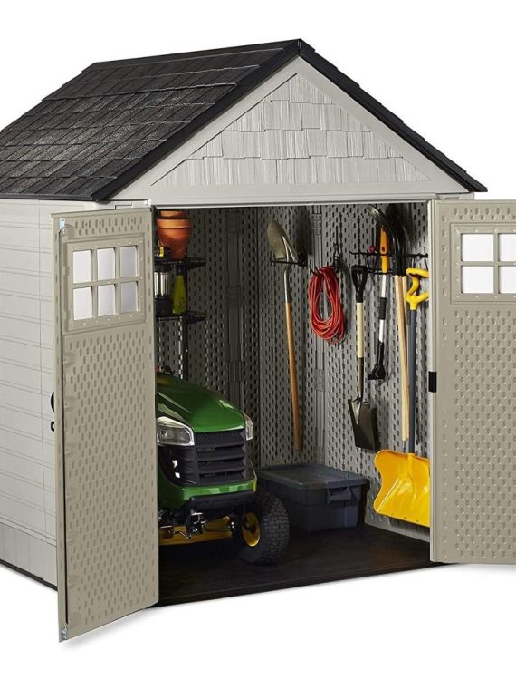Rubbermaid 7 x 7 ft Weather-Resistant Resin Garden Storage Shed with Windows & Utility Hooks, Sand