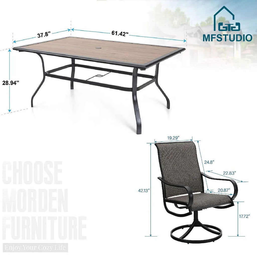8-Piece Patio Dining Set with Double-Sided Umbrella – 6 Sling Swivel Chairs & Wood-Grain Table
