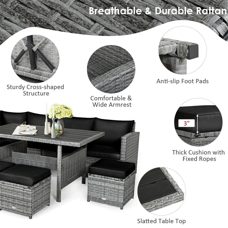 7-Piece PE Rattan Patio Sectional Sofa Set with Dining Table, Ottomans & Cushions, Mix Grey