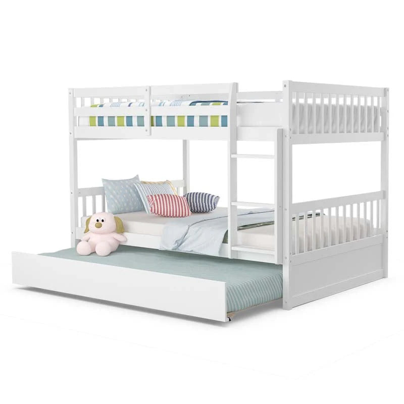 Solid Wood Full-over-Full Bunk Bed Frame with Trundle, Ladder & Guardrails, Convertible for Kids & Teens