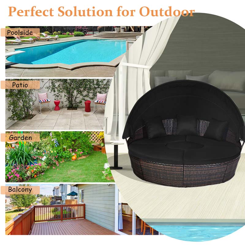 Rattan Wicker Round Patio Daybed with Retractable Canopy & Adjustable Coffee Table – Outdoor Sofa Set